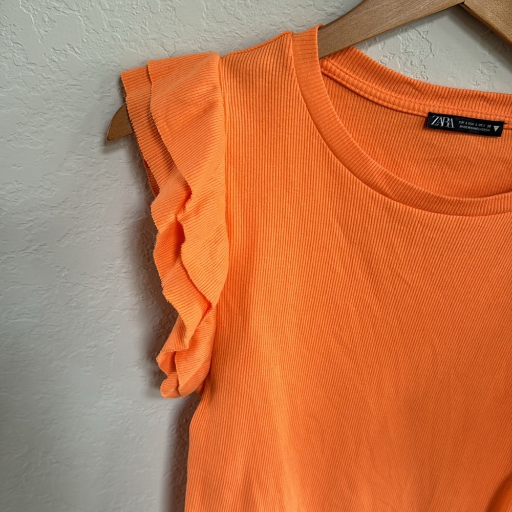 Zara Orange Ribbed Ruffle Sleeve Cropped Top - Picture 5 of 7